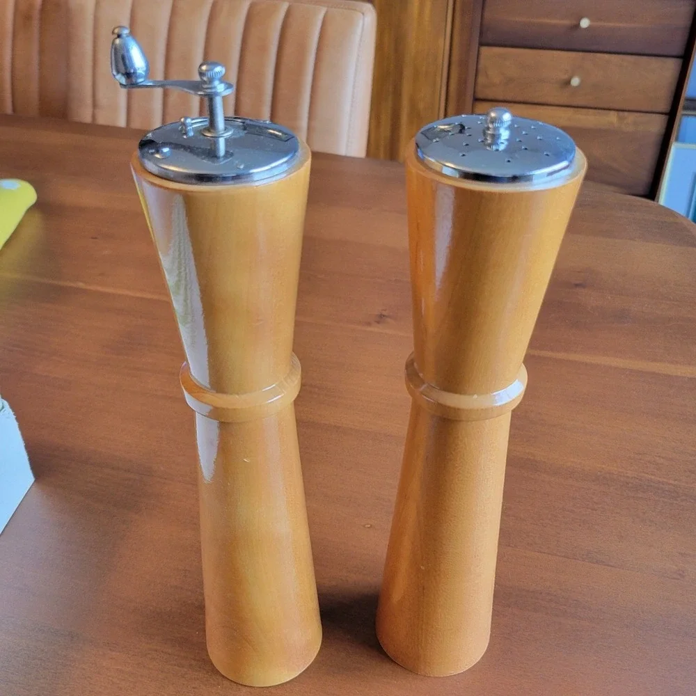 Vintage Wood Salt Shaker and Pepper Mill Set Made in Japan 10in MCM Original Box